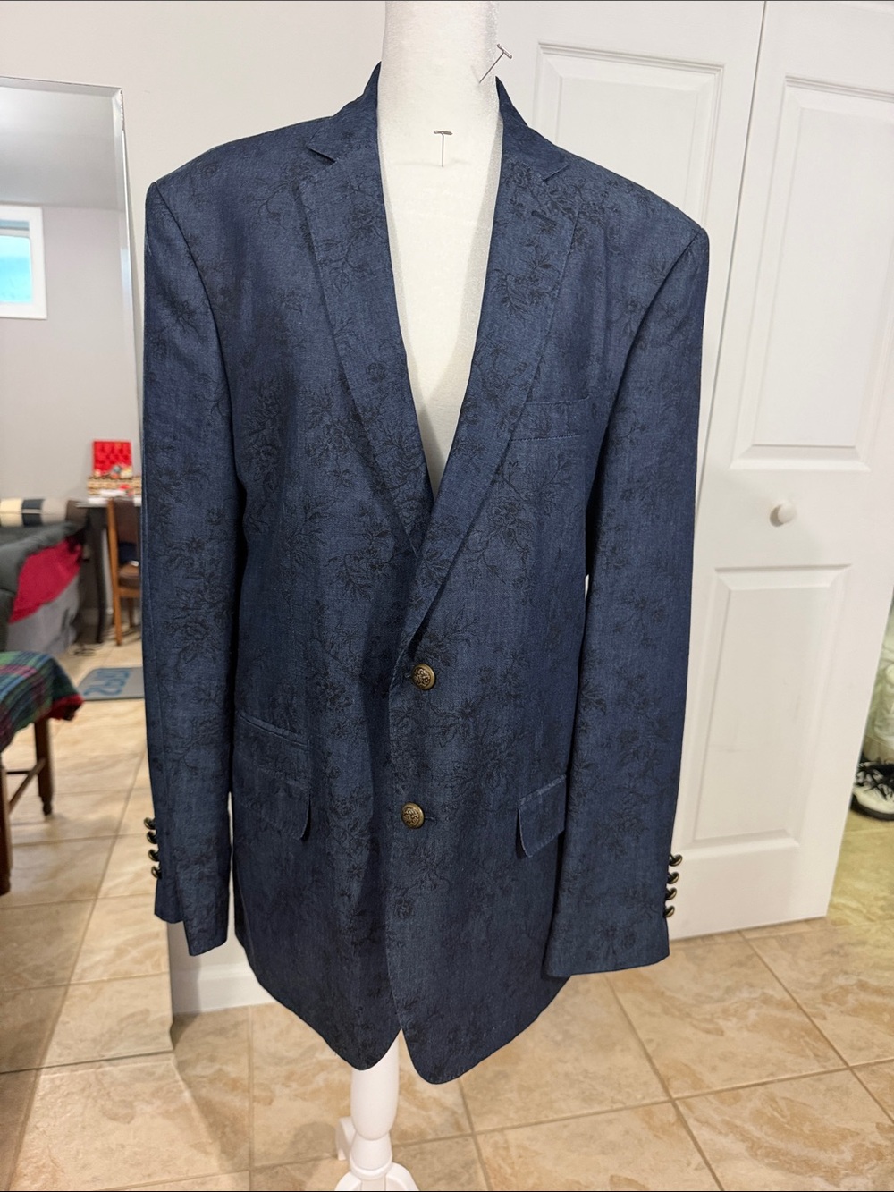 Navy Floral Textured Denim Unisex Blazer